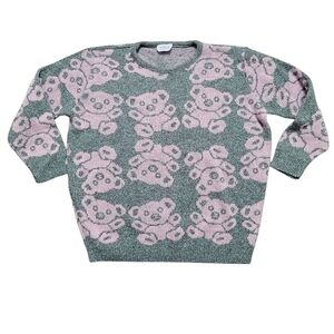 Vintage Arielle Teddy Bear Koala Acrylic Sweater Gray & Pink 80s 90s Kawaii M/L